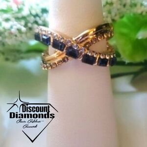Blue Sapphires & White Baguette Diamond 18K Gold Cocktail Ring on 925 Silver